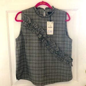 *NWT* Zara - Sleeveless Plaid Black Top - Sz. L